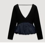 ZARA NWOT Navy Blue Long Sleeve Deep V-Neck Peplum Crop Top Blouse Photo 7