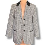 Vintage 90s Black White Houndstooth Blazer Jacket Velvet Collar Wool Blend 12 Photo 2