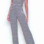 Striped strapless palazzo jumpsuit, Navy blue white stretch knit tube top & belt Photo 0