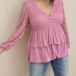 Torrid Plus 3X Pink Long Sleeve Babydoll Lace Trimmed Button Front Tiered Top Photo 2