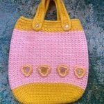 Vintage handmade crochet pink flower button tote Yellow Photo 0
