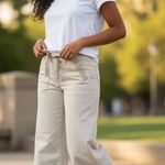 American Eagle Womens Baggy Flare Pants Low Rise Cream Stretch Belted Utility 10 Tan Photo 1