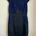 JAX Navy Black Sequin Lace Structured Cap Sleeve Knee Length Cocktail Dress 10 Blue Photo 0