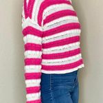 89th and Madison Pink & White Striped Cropped Flare Sleeve Crochet Sweater Photo 5
