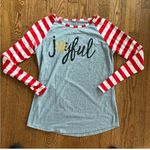 Holiday Shirt Joyful Size Small with Striped Sleeves Gray Photo 0