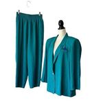 Vintage 90s Two Piece Lifestyle Green Pant And Jacket Set Open Front Shoulderpad Size 14 Photo 0