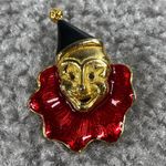 Creepy Clown Pin Brooch Gold Tone Enamel Hat Ruffled Red Collar Smiling Vintage Photo 11