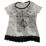 Angels & Diamonds Gray Black Lace Trim Graphic Cross T Shirt Women's Size XL Photo 0