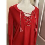 Dennis Basso  Red Italia Jersey Lace Up Tassel Tunic XS Photo 1