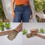 Western Bull Head Buckle Plus Size Belt Vintage Style Faux Leather Embossed 1XL‎ Brown Photo 1