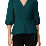 Slate + Willow Balloon Sleeve Wrap Top in Hunter Green True Wrap 3/4 Sleeves XS Photo 0