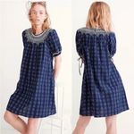 Madewell  Embroidered Puff-Sleeve Babydoll Dress in Indigo Plaid Photo 1