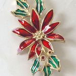 Vintage Costume Jewelry Brooch Red Green POINSETTIA Holiday Xmas Enamel Photo 1