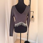 ZARA  Grey Ribbed Knit Long Sleeves Hanging Rhinestones Cropped  Shirt NWT Size L Photo 2
