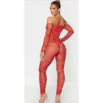 Pretty Little Thing  Orange Croc Mesh Bardot Ruched Jumpsuit Size 8 EUC Photo 1