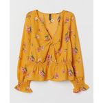H&M  Womens Yellow Floral Puff Sleeve Knot Cinched Detailed Top sz 12 Boho Dainty Photo 1