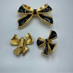 Vintage Gold Tone & Black Enamel Set Clip On Earrings Brooch Set Estate Jewelry Photo 5