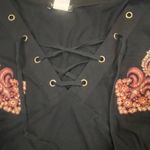 Venus  Black Lace Up Embroidered Goth Fairy Gothcore Boho Top Long Sleeve Large Photo 3