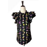 Banjanan Shirt Women XS Black Floral Onyx Ruffle Neck Cap Sleeve Klara Top NWT Photo 1