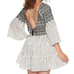 Free People  Women's Boho Mini Lola Striped Dress White Black Tiered Embroidered Photo 3