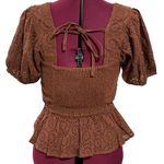 Band of Gypsies BAND OF THE FREE Palmer Eyelet Lace Walnut Brown Boho Peplum Top NWT Large Photo 4