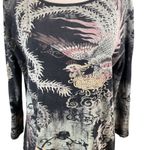 Katina Marie Women's whimsical Peacock Print Long Sleeve Top Black Large Gray Photo 2