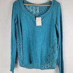 Free People NEW Long Sleeve Eyelet V-neck Blouse Open Knit Blue Size L Photo 0
