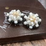 Vintage 50s West Germany Floral Pearl Beaded Clip Earrings Black Photo 7