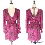 WAYF  Pink Floral Long Sleeve‎ Mini Dress Cocktail Party Low Back Satin XS New Photo 1