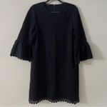 Lafayette 148 New York Navy Blue Embroidered Bell Sleeve Lined Dress- Size L Photo 2