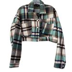 HYFVE Size Medium Cropped Plaid Flannel Shacket Jacket Teal Tan Back Buttons Photo 0