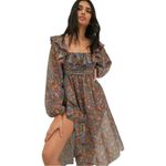 For Love & Lemons New  Brittany Floral Sheer Ruffled MIDI Balloon Sleeve Dress XS Photo 1