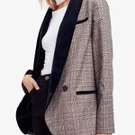 Free People Plaid Velvet Trim Blazer Oversized Tan Green XS Photo 0
