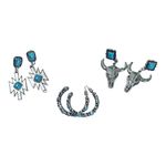 Turquoise Earrings Set 3 Pair Western Style Silver Tone Bull Hoop Dangle New Silver Photo 7
