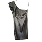 Bardot  | Black Satin One Shoulder Ruffle Sleeve Mini Cocktail Dress LBD | Size 6 Photo 2