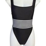 Forever 21 black tank style high cut swimsuit with white stripes lightly padded Photo 0