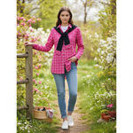 PUANLI Women's pink window pain plaid button down shirt tunic cat graphic XL Photo 1