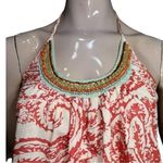 Fourtys Anthropologie S Red White Paisley Print Wooden Bead Neckline Halter Top Photo 5