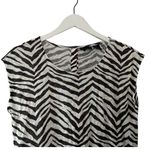 Tahari  Brown & White Zebra Stripe 100% Linen Button Back Cap Sleeve Top Sz Small Photo 5
