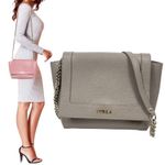 Furla Ginevra Leather Mini Crossbody Bag Sabbia Beige Gray Gold Chain Photo 3