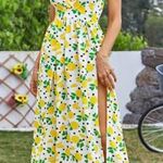 Womens Lemon Print Maxi Dress Halter Neck Size S Slit White Yellow Fun Party Photo 0
