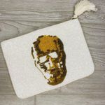 Clever Carriage company Beaded Skull / bones Clutch purse bag / makeup bag White Photo 6