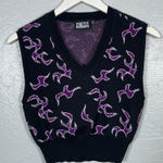 Pretty Damage Women M Black Purple Tribal Flame Sweater Vest Cropped V Photo 0