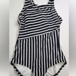 Lands' End Women's medium 10-12 Black & White Striped High Neck 1 Piece Swimsuit Photo 2