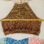 Free People  Lights Out Sequin Halter Cropped Top Neutral Combo Gold Color Sz XL Photo 6