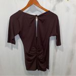 BCBGMAXAZRIA Y2K BCBG chocolate brown soft stretchy faux wrap top open peek back Photo 3