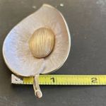Vintage 1960s Two Tone Concave Textured Leaf Brooch Stem Curved Striped Oval Silver Photo 4