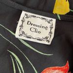 VINTAGE Dressing Clio Black Floral Dress Short Sleeve Pockets Size Medium USA Photo 5