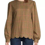 st. john's bay plaid scalloped Blouse top MEDIUM Tan Red Long Sleeve NWOT Photo 0