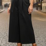 Black Cropped Wide Leg Pleated Belted Preppy Straight Leg Trousers Pant L Large Photo 0